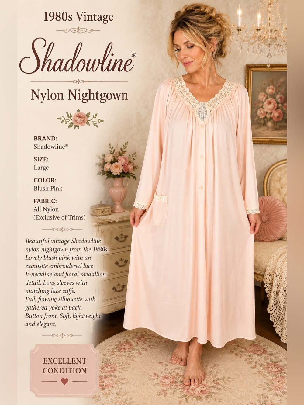 Vintage 1980s Shadowline Blush Pink Lace Robe Large